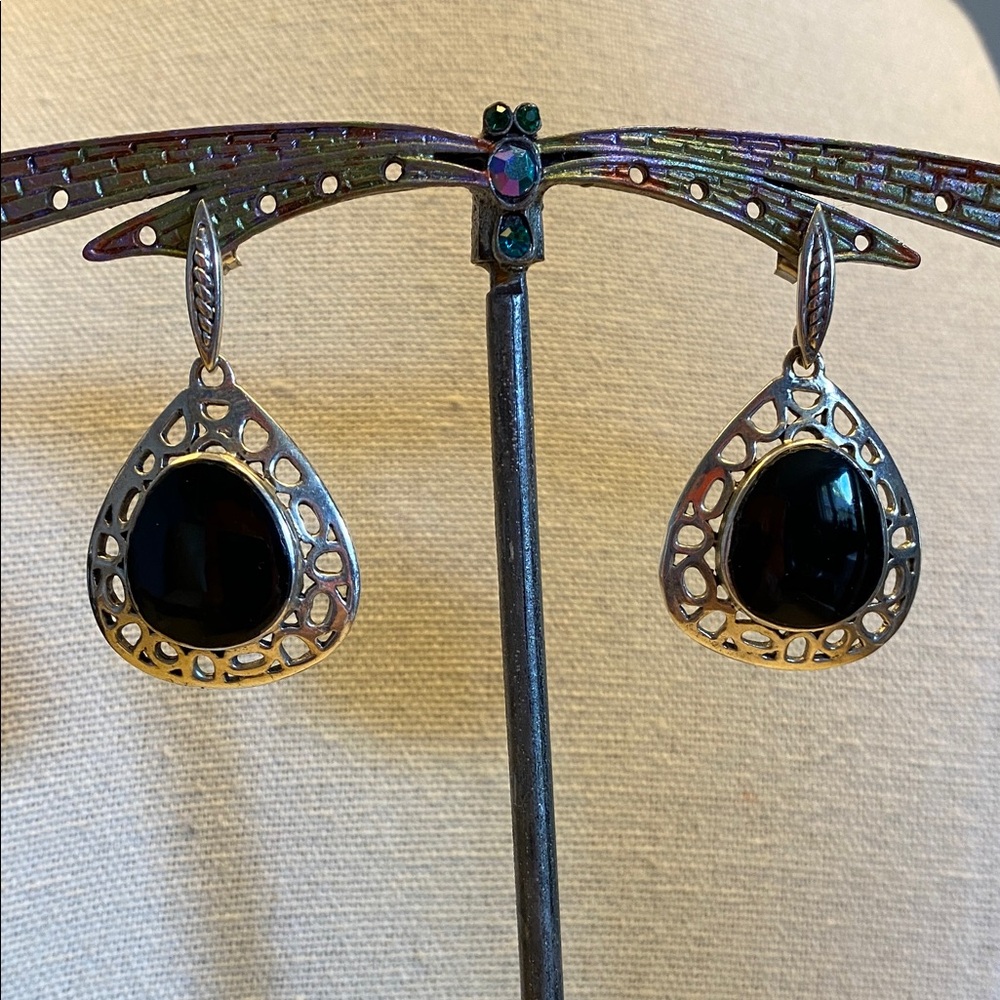 Large Elegant Sterling Silver and Black Onyx Teardrop Earrings